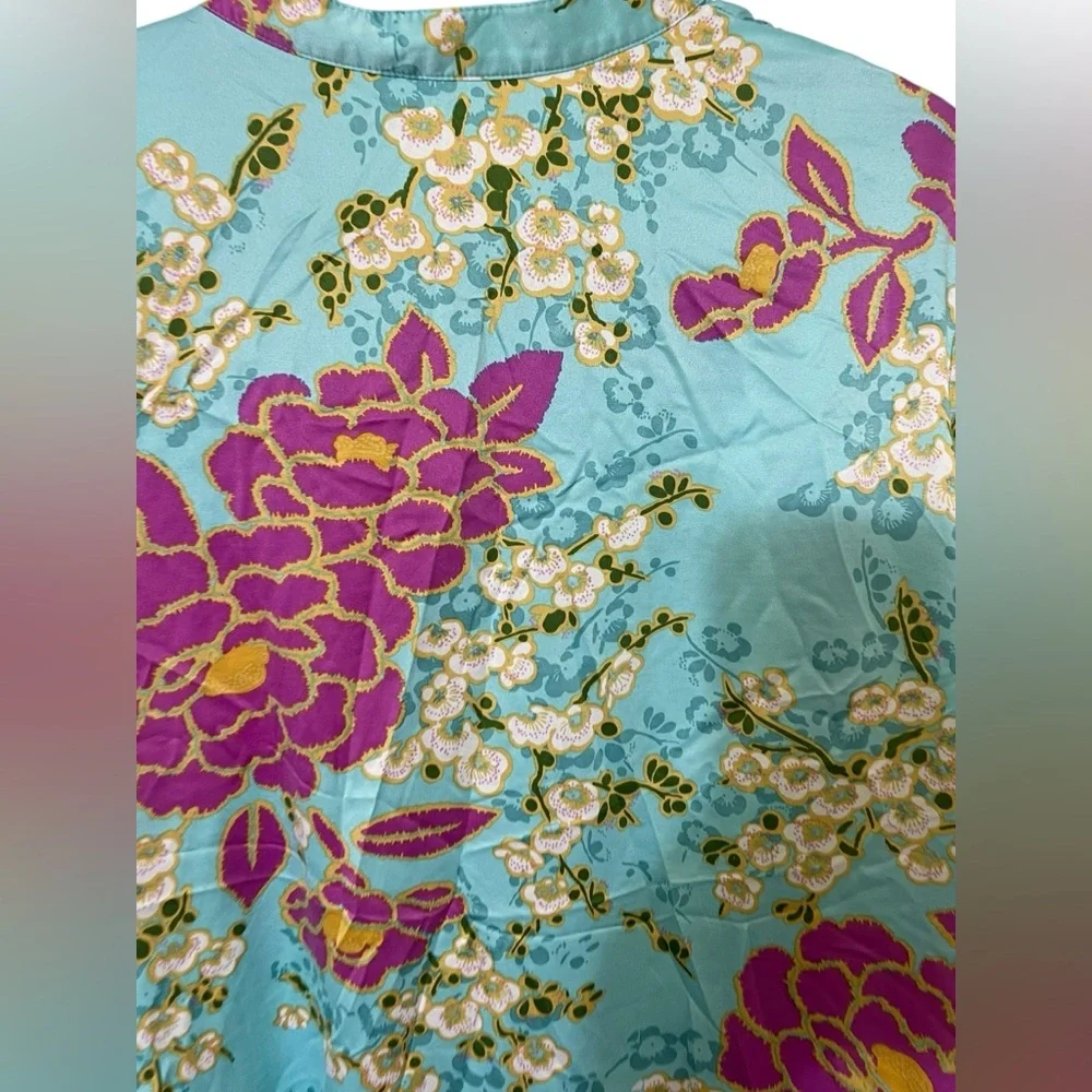 Natori Harumi Satin Pajama-Top Pull-Over Long Sleeve Floral Multicolor Women L - Picture 4 of 8